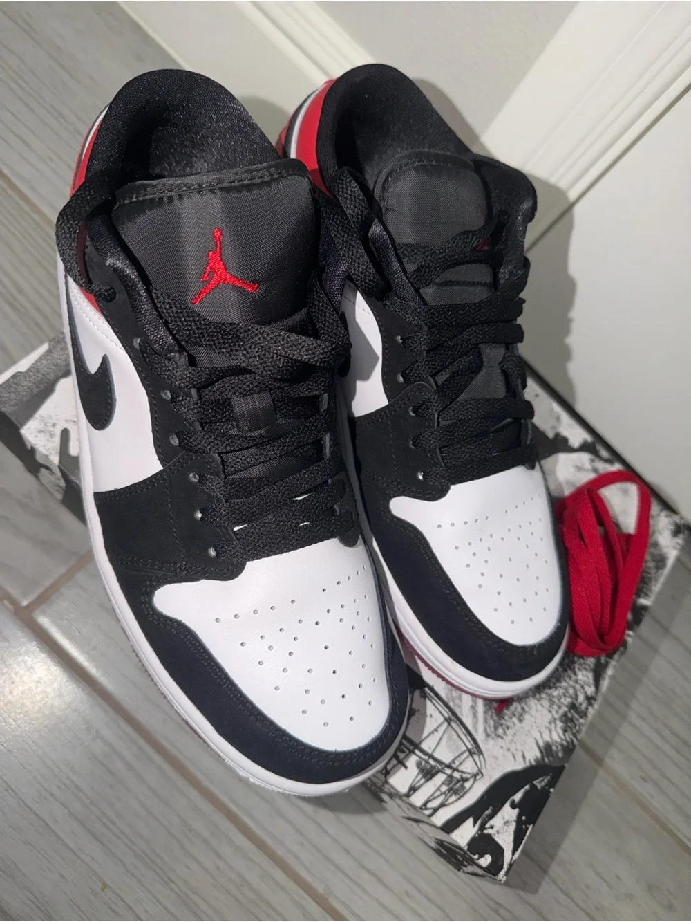 Jordan 1 Low SE Black White Red Kids Shoes